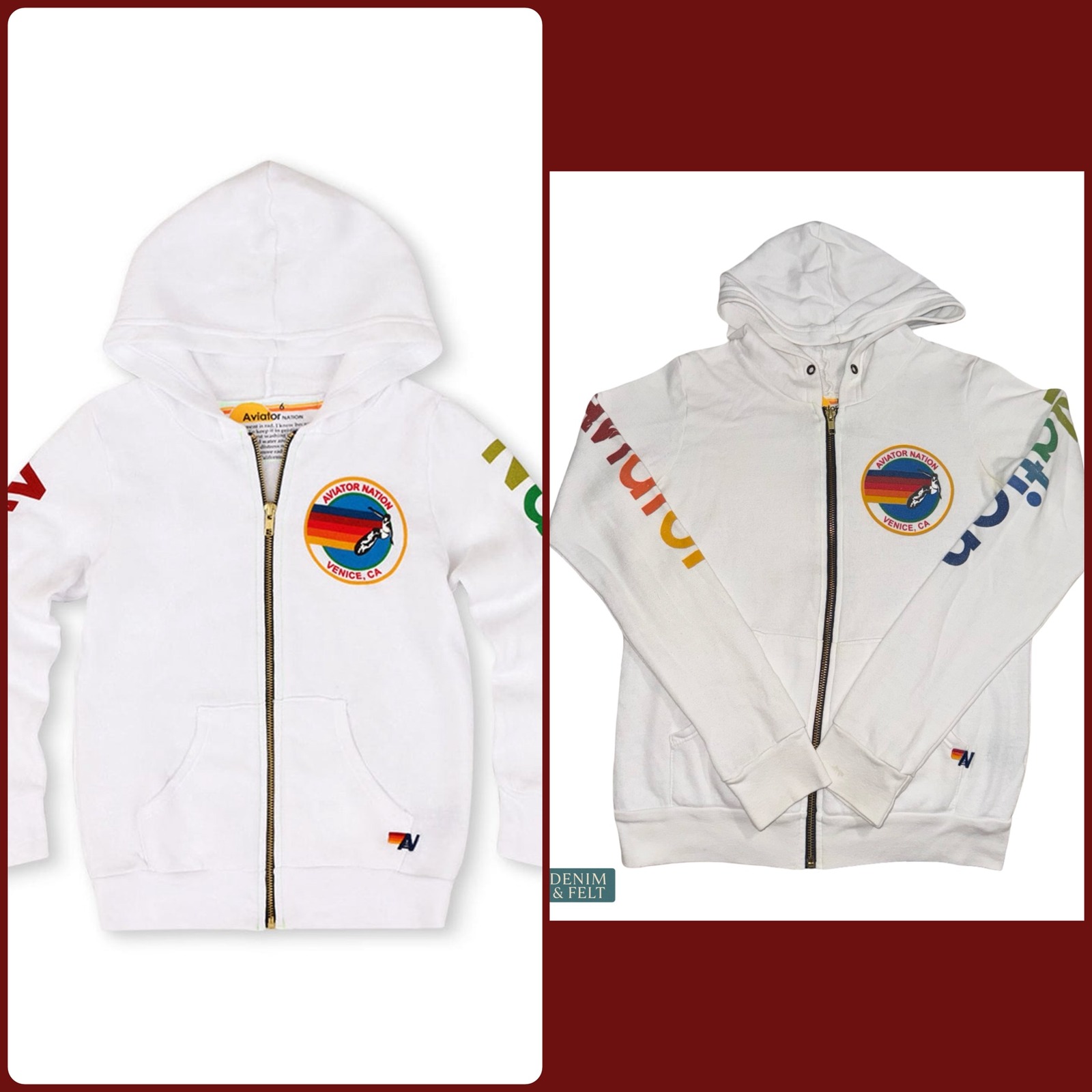 Aviator Nation Kids Rainbow Sleeve Zip Hoodie White Retro Surf Skate Size 12